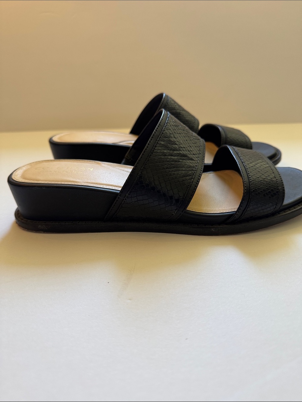 Cole Haan Black Snake-Embossed Double Strap Slide Sandals